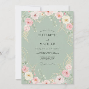 Sanfte Celadon-Pfingstrosen-Hochzeit Einladung