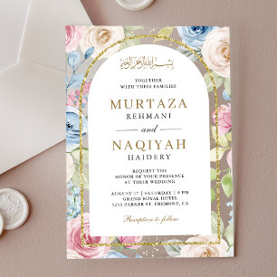 Sanfte Florale Goldene Bögen Muslimische Hochzeit Acryleinladungen
