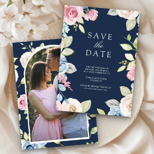 Sanfte Frühlingsblumen-Foto Navyblaue Hochzeit Save The Date