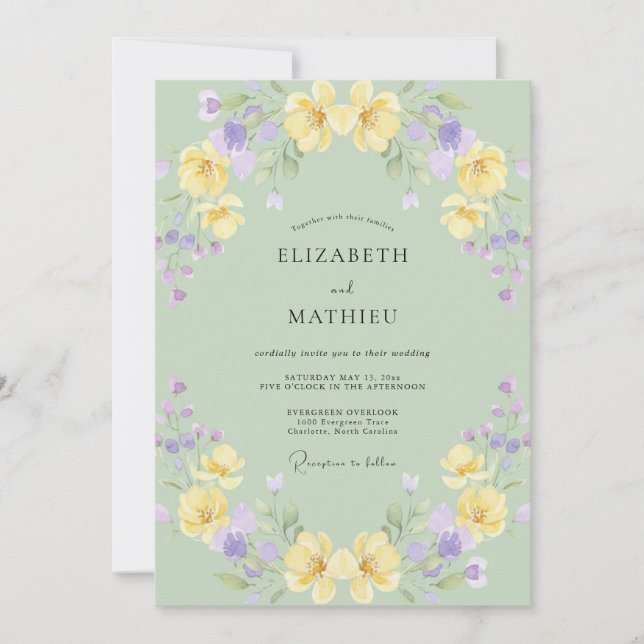 Sanfte gelbe Lavendel-Mohn-Hochzeit Einladung (Vorderseite)