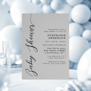 Sanfte graue moderne Schrift Baby Shower  Einladung