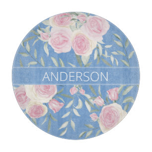 Sanfte Hellblau Rosa Rosen Familienname Schneidebrett