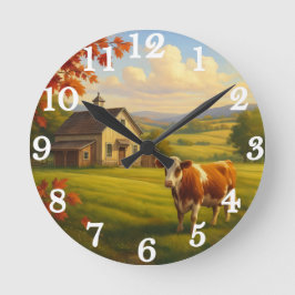 Sanfte Kuh in ländlicher Landschaft Runde Wanduhr