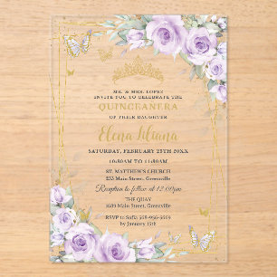 Sanfte Lila Fliederrosen Florales Gold Quinceañera Acryleinladungen