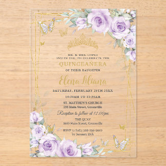 Sanfte Lila Fliederrosen Florales Gold Quinceañera Acryleinladungen