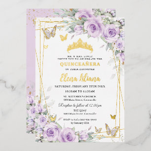 Sanfte Lila Fliederrosen Florales Gold Quinceañera Folieneinladung