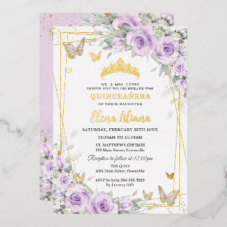 Sanfte Lila Fliederrosen Florales Gold Quinceañera Folieneinladung