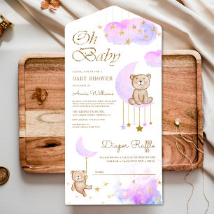 Sanfte lila Mond süßer Teddybär Baby Shower All In One Einladung