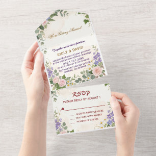 Sanfte lila und weiße Blumenhochzeit All In One Einladung