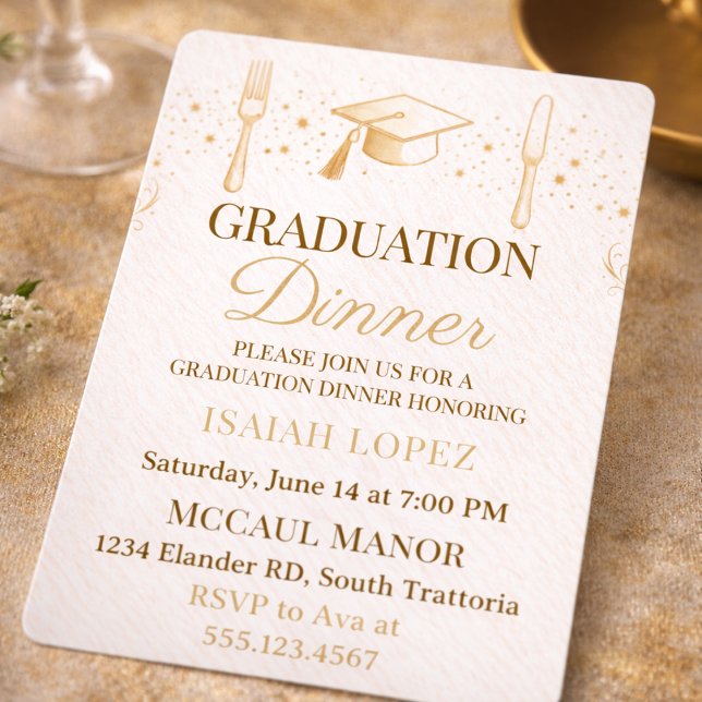 Sanfte neutrale Dinner-Einladung Einladung (Soft cream and champagne tones set the scene for a refined graduation dinner gathering)