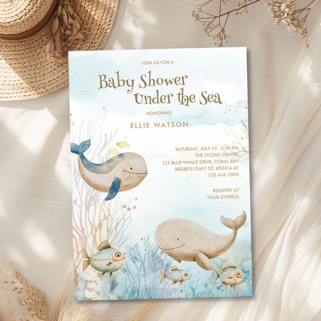 Sanfte Ozeanneutralität unter der Meerschwemme Einladung (Under the Sea Baby Shower from the Whale Baby Shower Collection by Darling & May)