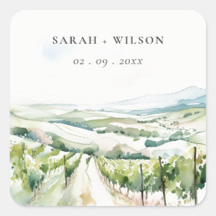 Sanfte Pastell-Aquarell-Weinlandschaft-Hochzeit Quadratischer Aufkleber