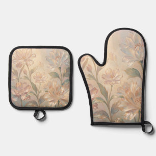 Sanfte Pastell-Blütenmalerei Ofenhandschuh & Topflappen-Set