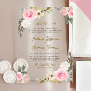 Sanfte Pastell-Rosa-Blumen-Islamische-Muslim-Hochz Acryleinladungen