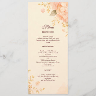 Sanfte Pfirsich- und Gold-Hortensien-Hochzeitsmenü Menükarte
