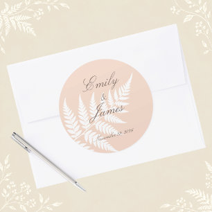 Sanfte Pfirsich Weiße Farn Elegante Hochzeit Runder Aufkleber