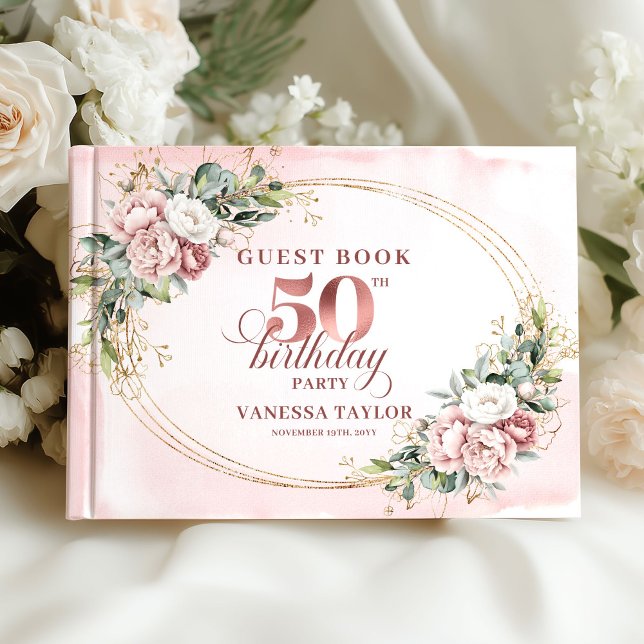 Sanfte romantische Röte 50. Geburtstag Gästebuch (Soft Romantic Blush 50th Birthday Guestbook)