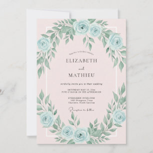 Sanfte rosa azurblaue blättrige Hochzeit Einladung