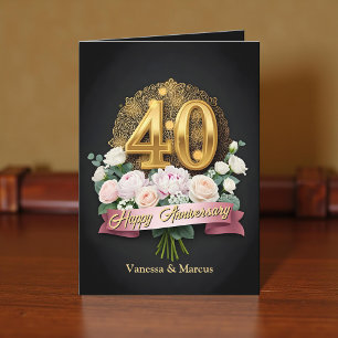 Sanfte rosa Blumen und Goldene 40. Hochzeitstag Karte