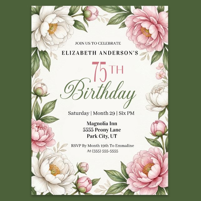 Sanfte rosa Magnolie und Pfingstrose 75. Geburtsta Einladung (Elegant floral 75th birthday invitation with pink peonies white magnolias and green leaves)