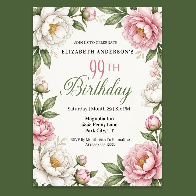 Sanfte rosa Magnolie und Pfingstrose 99. Geburtsta Einladung (Elegant pink peony and white magnolia floral 99th birthday invitation with botanical greenery )