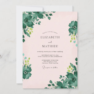 Sanfte rosa Smaragd Blumenhochzeit Einladung