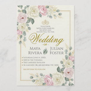 Sanfte rosa und salbeigrüne Eukalyptus-Hochzeit Einladung