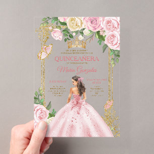Sanfte Rosarot Mis Quince Krone Goldene Quinceañer Acryleinladungen