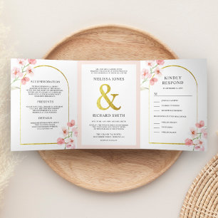Sanfte Rosarote Kirschblüten Florale Bogenhochzeit Dreifach Gefaltete Einladung