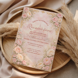 Sanfte Rosengarten-Quinceañera in Blush-Tönen Einladung