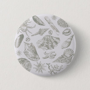 Sanfte Salbeigraue Muschelskizze Antik Natur Button