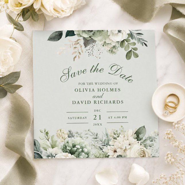 Sanfte Salbeigrüne Blumige Save The Date Karte (Soft Sage Green Floral Save The Date Card)