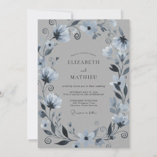 Sanfte Stahlblaue Immergrün-Kranz-Hochzeit Einladung