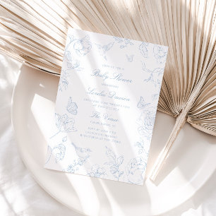 Sanfte staubblaue Chinoiserie-Baby-Party Einladung