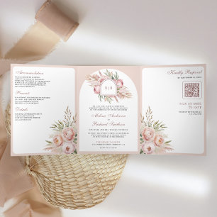 Sanfte staubige Rose-Pink-Blumen-Pampas-QR-Code-Ho Dreifach Gefaltete Einladung