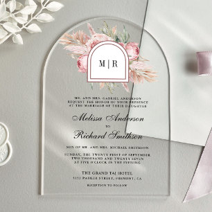 Sanfte Staubige Rosenrote Florale Pampas-Hochzeit Acryleinladungen