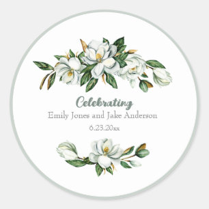 Sanfte Wasserfarben-Magnolien-Grün-Hochzeit Runder Aufkleber