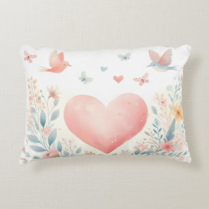 Sanftes Aquarell-Herz Liebe Blumen Vögel Dekokissen