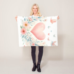 Sanftes Aquarell-Herz Liebe Blumen Vögel Fleecedecke