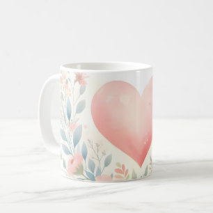 Sanftes Aquarell-Herz Liebe Blumen Vögel Kaffeetasse