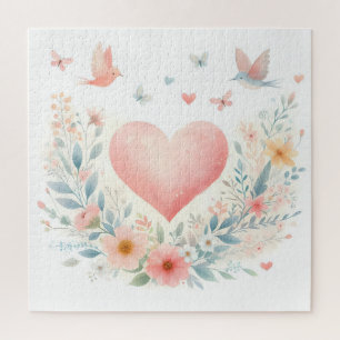 Sanftes Aquarell-Herz Liebe Blumen Vögel Puzzle