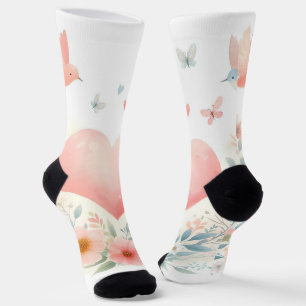Sanftes Aquarell-Herz Liebe Blumen Vögel Socken