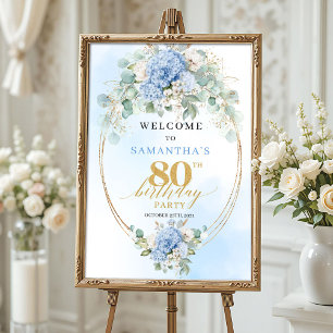 Sanftes Blau Boho Gold Hortensien 80. Geburtstagsb Poster