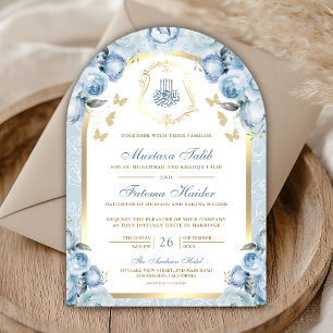 Sanftes Blau Florales Goldener Bogen Muslimische H Einladung