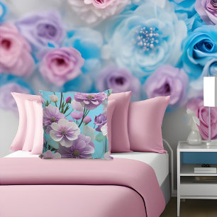 Sanftes Blau lila rosa Seide große Blumen Kissen