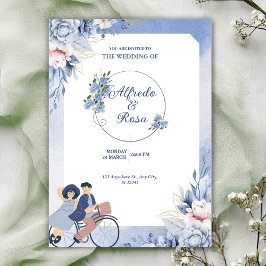 Sanftes Blau und Weiß Florales Illustratives Hochz Einladung