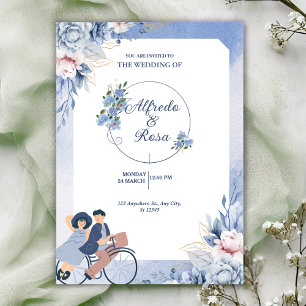 Sanftes Blau und Weiß Florales Illustratives Hochz Einladung