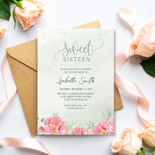 Sanftes Grün & Rosa Glitter Blumen Sweet 16 Geburt Einladung