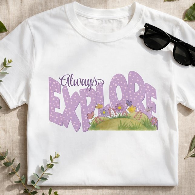 Sanftes Lila Whimsical Garden Explore T-Shirt (If you’re all about adventure, this tee says it loud, bright, bold, and totally hand‑drawn for you.)