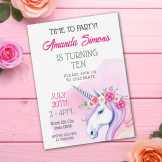 Sanftes Rosa Grünes Florales Einhorn Mädchen 10. G Einladung